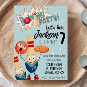 Editable Bowling Birthday Invitation, Let&#39;s Roll, It&#39;s a Strike Boy Bowling Party, Pizza Instant Download Printable Template Corjl 562