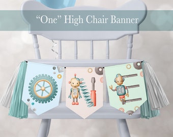 Robots "ONE" Birthday Banner High Chair Banner,1st First Birthday Bunting, Boys Party Decor , Bolts, Pastel PRINTABLE Digital Corjl 271
