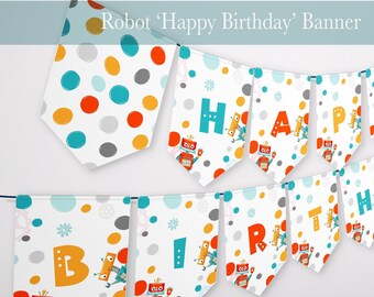 Printable Robot Happy Birthday Banner Printable Bunting Blue Nuts and Bolts party banner instant digital Happy Birthday decor DIY 129