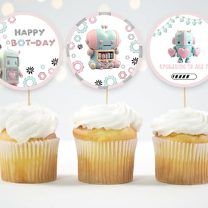 Editable Pink Robots Cake Topper Robot Cake Decor Upgrading Age Robot Party Decor Robot bolts and nuts Robot centrepieces Digital 131
