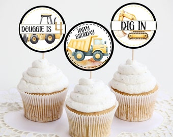 Editable Construction Cake Toppers Boys Birthday Party Cupcake Cake Dig In Toppers,Yellow Instant Download Birthday party decor Template 532