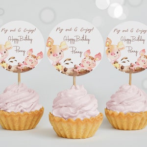 Editable Pig Cupcake Farm Animal Pig Out Cake Topper Pink Pigs in Mud Cupcake Toppers Party Decor Instant Download Template 07