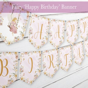 Girls Happy Birthday Banner Printable Fairy Birthday Bunting Enchanted Fairy Garden Fairy tale girls party banner instant digital DIY 24