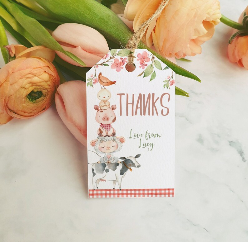 Editable Farm Animals Thank You Tags Girls/boy Birthday Red Barn ...