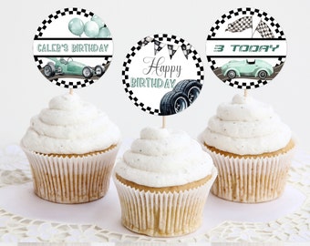 Editable Race Car Cupcake Toppers Green Race Car Cake Topper Tags Label Race Car 1st Fast 2 Curious Boys Birthday Decor Instant Download 533