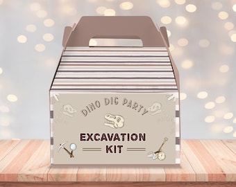 Editable Excavation Kit Label Dinosaur Gift Box Label, Birthday Party Favor Sticker, Dino Skeleton, Boys Dino Party Printable Corjl 387