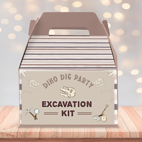 Editable Excavation Kit Label Dinosaur Gift Box Label, Birthday Party Favor Sticker, Dino Skeleton, Boys Dino Party Printable Corjl 387