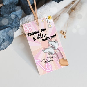 Editable Roller Skates Favor Tags, retro Thank You Tags, Thanks For Rollin With me 70&#39;s,Roller skating party, Stickers, Download Corjl 284