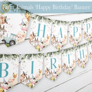 Boys Farm Animals Happy Birthday Banner Printable Bunting Blue Farm yard party banner instant digital Happy Birthday decor DIY 25