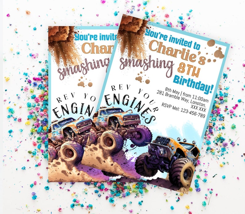 Editable Boys Party Invitation Monster Trucks Birthday Invitation, Rev ...