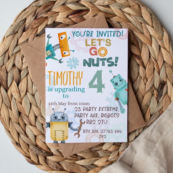 Editable Robot Let's go nuts Birthday Party Invitations Boys Birthday invite Robot party invite template Download Bolts DIY PRINTABLE 128