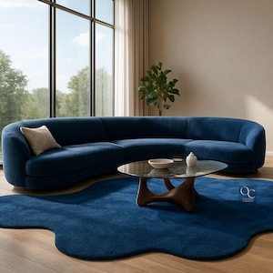 Hand Tufted Solid Blue Irregular Shape Wool Rug For Living Room and Bedroom | Modern Large Area Rug For Dining Area | Custom Irregular Rug
