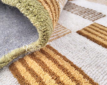 Hand Tufted Wool Area Rug: Plaid Brown Green Carpet