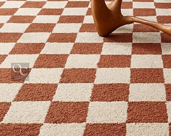 Handmade Wool Checkered Rug: Brown and White Tufted Area Rug