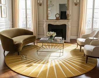Modern Mustard Round Wool Rug: Hand Tufted Sun Rays Design Rug