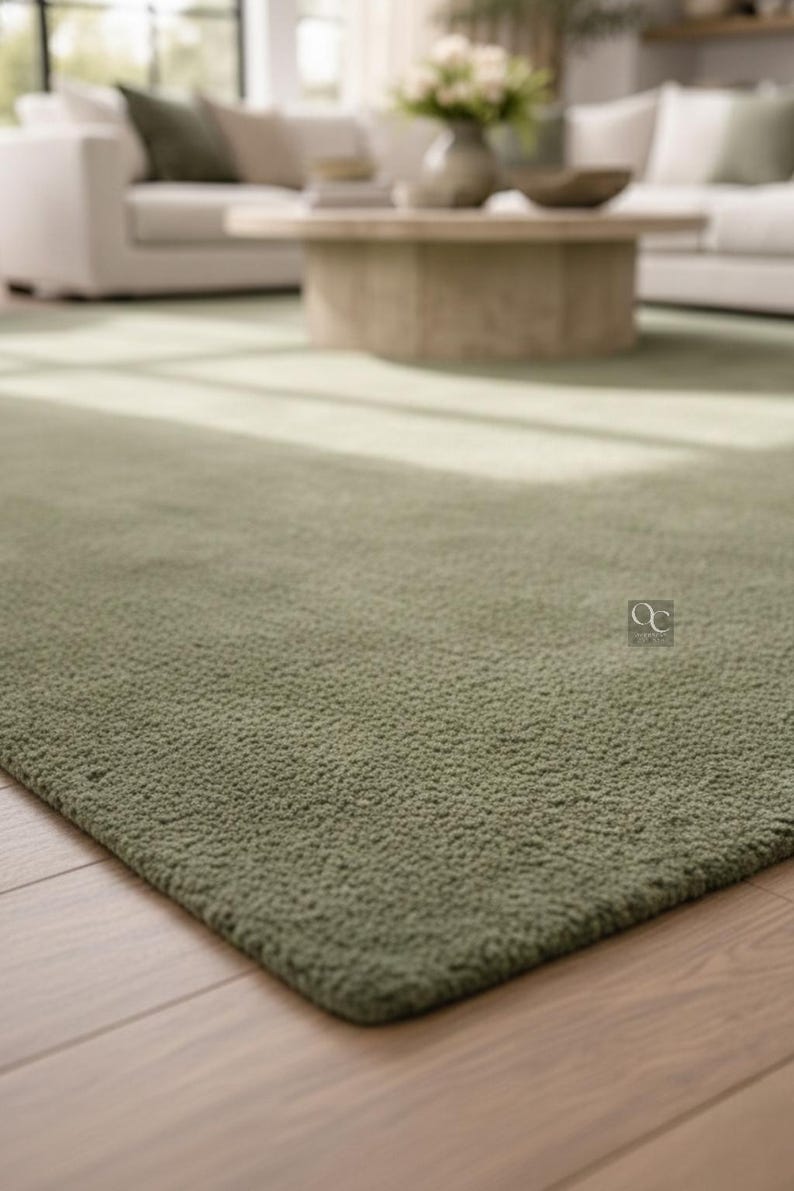 Minimal Solid Sage Green Wool Rug 8x10 – Hand-tufted Modern Neutral ...