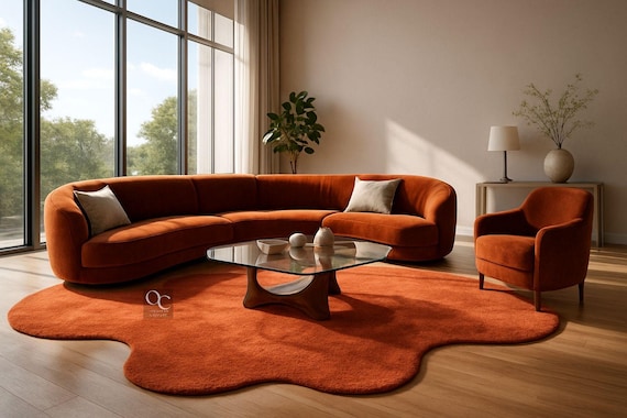 Hand Tufted Orange Irregular Shape Rug For Living Room Modern Abstract Big Living Room 8x10 Rug For Bedroom Large Wool Area Rug For Dining