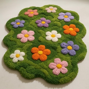 Moss Tufted Rug Fairy Tale Nursery Rug | Handmade tufted rug Soft Grass Carpet for Enchanted Rooms & Cozy Spaces Petals Rug For Kids Room