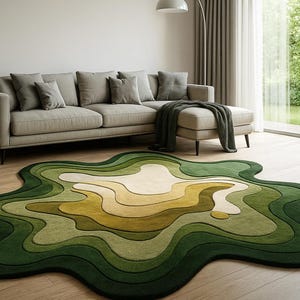 Modern Green Irregular Shape Hand Tufted 6x9 Kids Room Rug, 9x12 Wool Area Rug for Living Room Handmade Custom Odd Shape Rugs 8x10 10x14