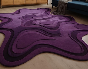 Tapete roxo tufado à mão com formato irregular para sala de estar; tapete moderno abstrato com pelos altos e baixos para quarto; tapete grande de lã para sala de jantar.