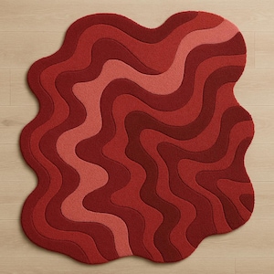 Irregular Red Woolen Rug Tufted Wavy Pattern Comfortable Rug Modern Irregular Living Room Rug Aesthetic Bedroom Rug kids Room Rug Home Decor