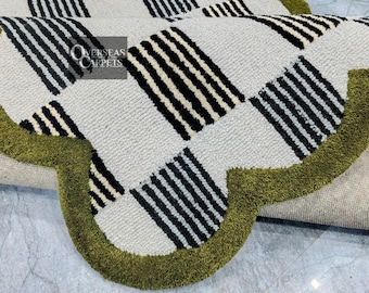 Alfombra de lana a cuadros hecha a mano de 1,2 x 1,8 m - Alfombra festoneada azul y verde