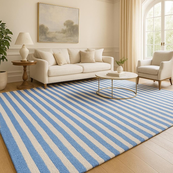 Modern Light Blue Striped Area Rug - ...