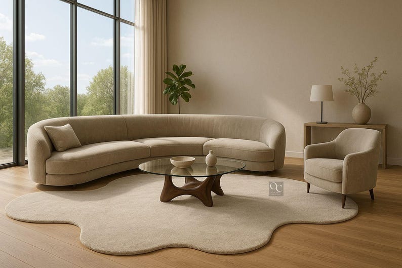 Pode incluir: Sala de estar moderna com sof&aacute; bege curvo, poltrona a condizer e mesa de centro com tampo de vidro. Tapete e ch&atilde;o bege. Uma l&acirc;mpada e um vaso decorativo completam o ambiente. O design &eacute; minimalista e elegante, com uma paleta de cores neutras.