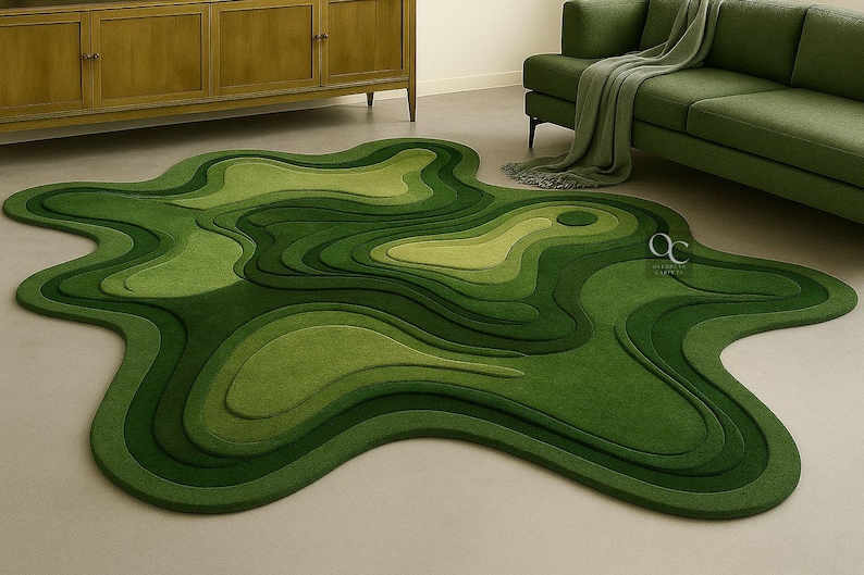 May include: A unique, abstract rug in shades of green, resembling a topographical map. The rug features layered textures and varying shades of green, creating a three-dimensional effect. The rug's irregular shape adds to its modern appeal, making it a statement piece for any living space.