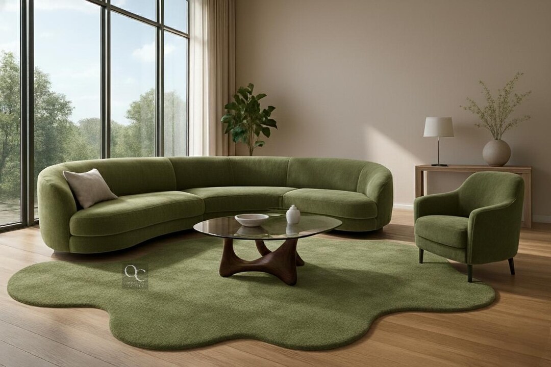 Hand Tufted Green Irregular Shape Rug for Living Room | Solid Wool Area ...
