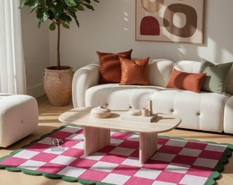 Scalloped Checkerboard Wool Rug, Pink and Green Hand Tufted Area Rug For Living Room
