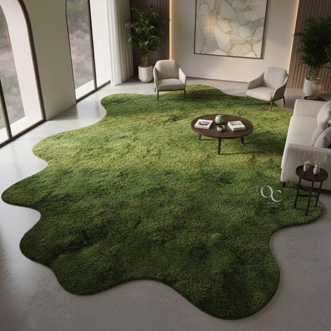 モスグリーンウールラグ：ハンドタフティングされた不規則な形状の