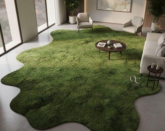 Moss Green Wool Rug: Hand-Tufted Irregular Shape, Modern Area Rug