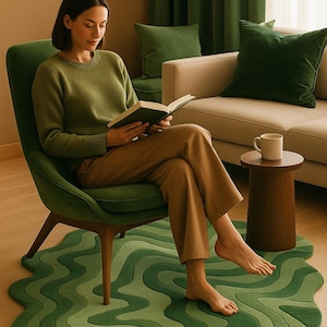 Abstract Tufted Rug In Green Shades Color Wool Rug Handmade Irregular Shaped Rug Wavy Pattern Modern Comfortable Rug For Living Room Studio