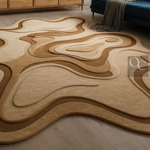 Beige Irregular Shape Abstract Hand Tufted Wool Area Rug for Bedroom Office Beige Handmade Custom Rug 8x10 9x12 Living Room Rugs