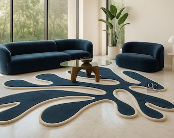 Hand-Tufted Wool Rug: Abstract Blue Irregular Design, Modern Area Rug