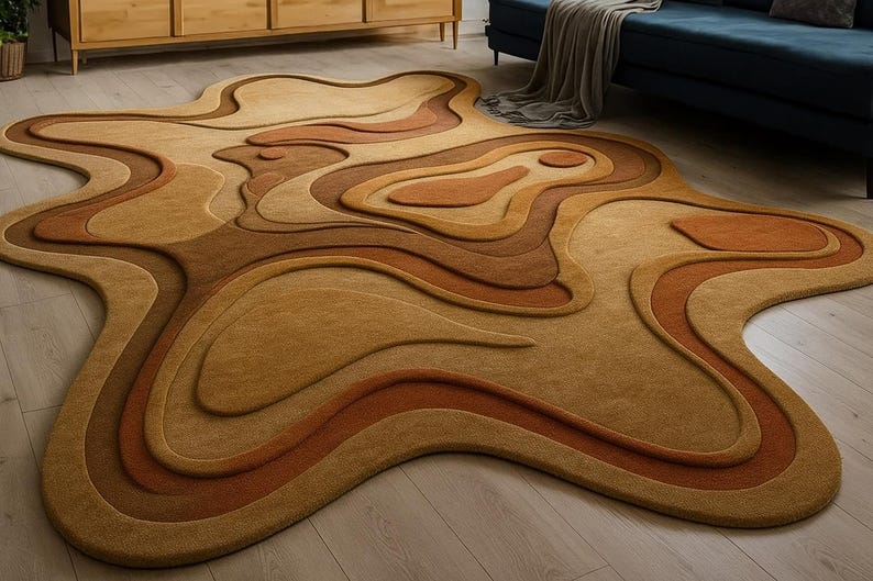 May include: A large, abstract area rug with a layered design in shades of brown and tan. The rug has a unique, organic shape, resembling a topographical map. The varying tones create a sense of depth and texture, adding a modern touch to the room.