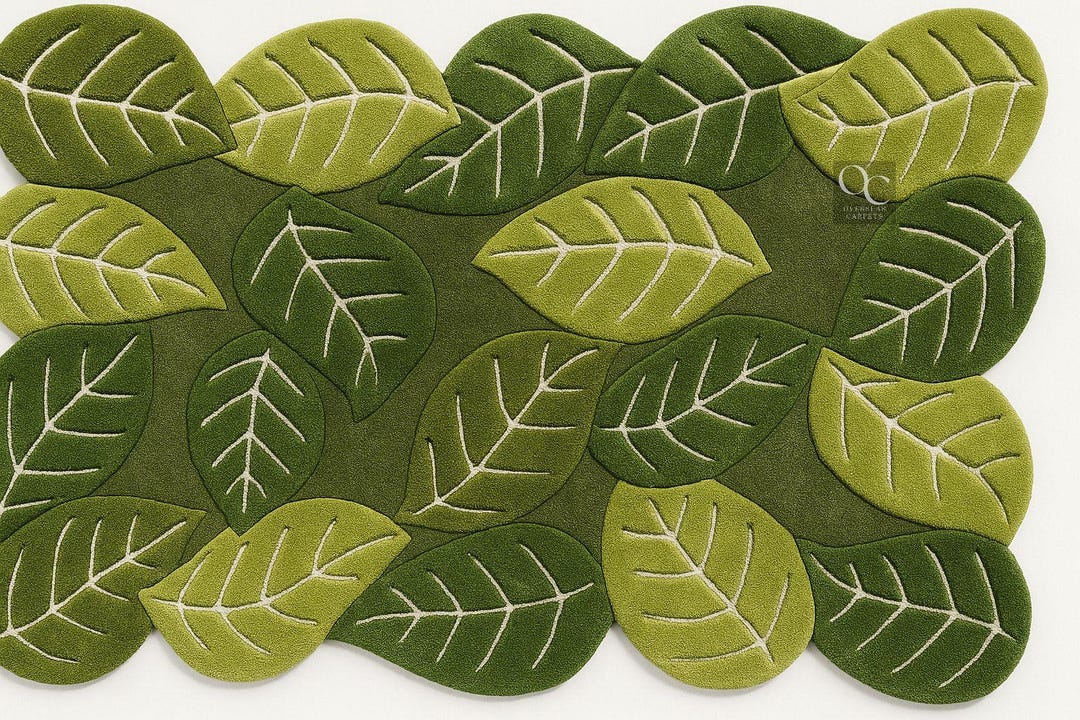 Green Leaf Wool Tufted Rug: Modern Botanical Design - Etsy