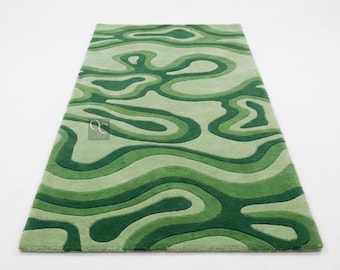 Hand Tufted Green Abstract Wool Rug : Organic Wave Contour Design Rug For Home Decor