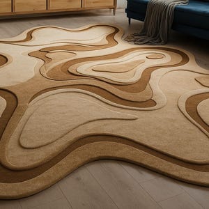 May include: A large, abstract area rug with a layered design in shades of beige and brown. The rug features a flowing, organic shape with varying levels of texture, creating a three-dimensional effect. The rug is placed on a wooden floor.
