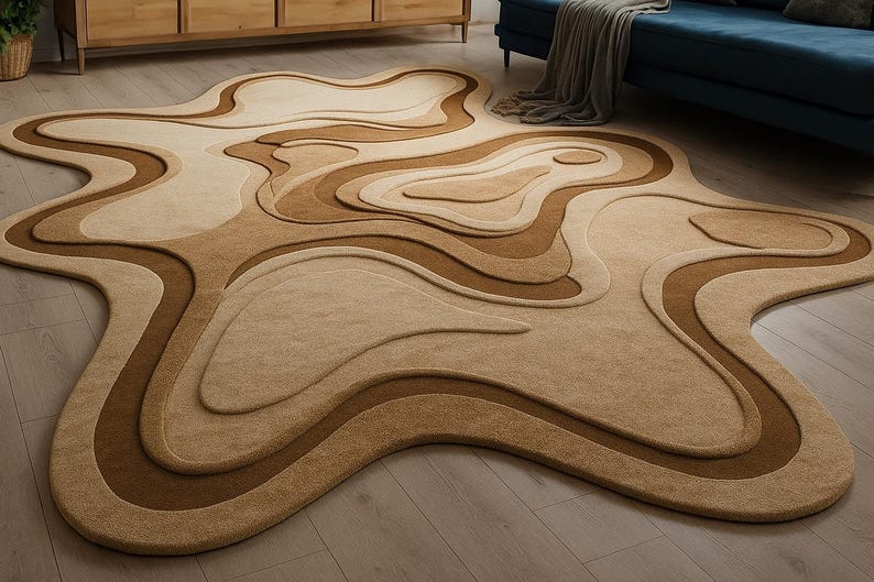 May include: A large, abstract area rug with a layered design in shades of beige and brown. The rug features a flowing, organic shape with varying levels of texture, creating a three-dimensional effect. The rug is placed on a wooden floor.