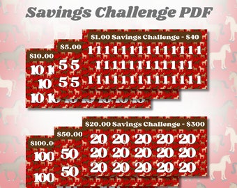 Savings Challenge Printable | Dollar Money Tracker | 6 Pack Cash Envelope Budget Challenge | A6 Binder Insert | Western Horses Red
