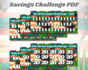 Savings Challenge Printable | Dollar Money Tracker | 6 Pack Cash Envelope Budget Challenge | A6 Binder Insert | Rodeo Bulls