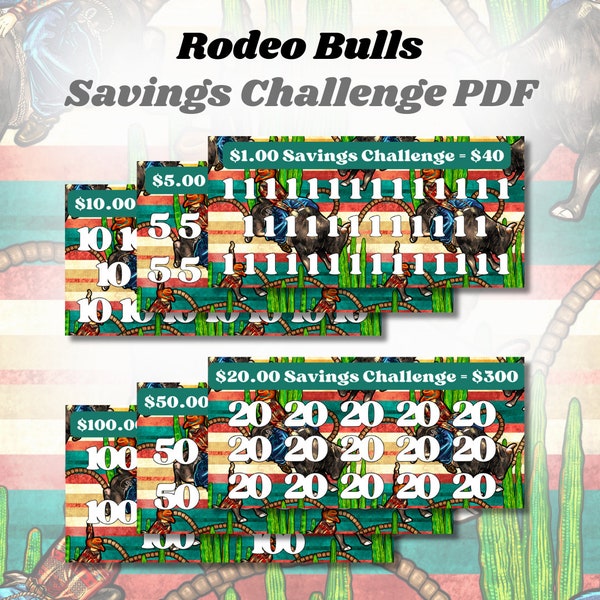 6pc Rodeo Bulls Design Savings Tracker Sheet Printable PDF Cash Envelope A6 Binder Digital Download Western Cowboy Savings Challenges