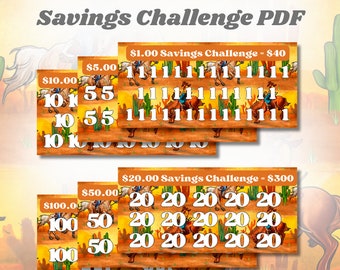 Savings Challenge Printable | Dollar Money Tracker | 6 Pack Cash Envelope Budget Challenge | A6 Binder Insert | Sunset Rodeo
