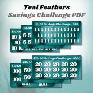 Könnte beinhalten: Teal Feathers Spar-Challenge PDF mit tealfarbenem Hintergrund und weißem Text. Die Karten zeigen Spar-Challenges in verschiedenen Beträgen, darunter 1,00 €, 5,00 €, 10,00 €, 20,00 €, 50,00 € und 100,00 €. Feder-Akzente sind sichtbar.