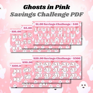 May include: Pink PDF savings challenge sheets with ghost illustrations and text that reads "Ghosts in Pink Savings Challenge PDF". The sheets include challenges for $1.00, $5.00, $10.00, $20.00, $50.00, and $100.00.