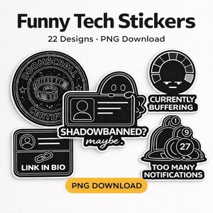 Lustige Tech Aufkleber Paket, Programmierer Aufkleber, Schwarz Weiß Laptop Aufkleber, Coding Humor PNG Digitaler Download