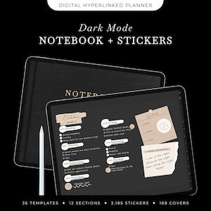 Dark Mode Digital Notebook, Landscape Notebook with 12 Tabs, Hyperlinked Digital Note Taking Template, GoodNotes Notebook, Digital Stickers