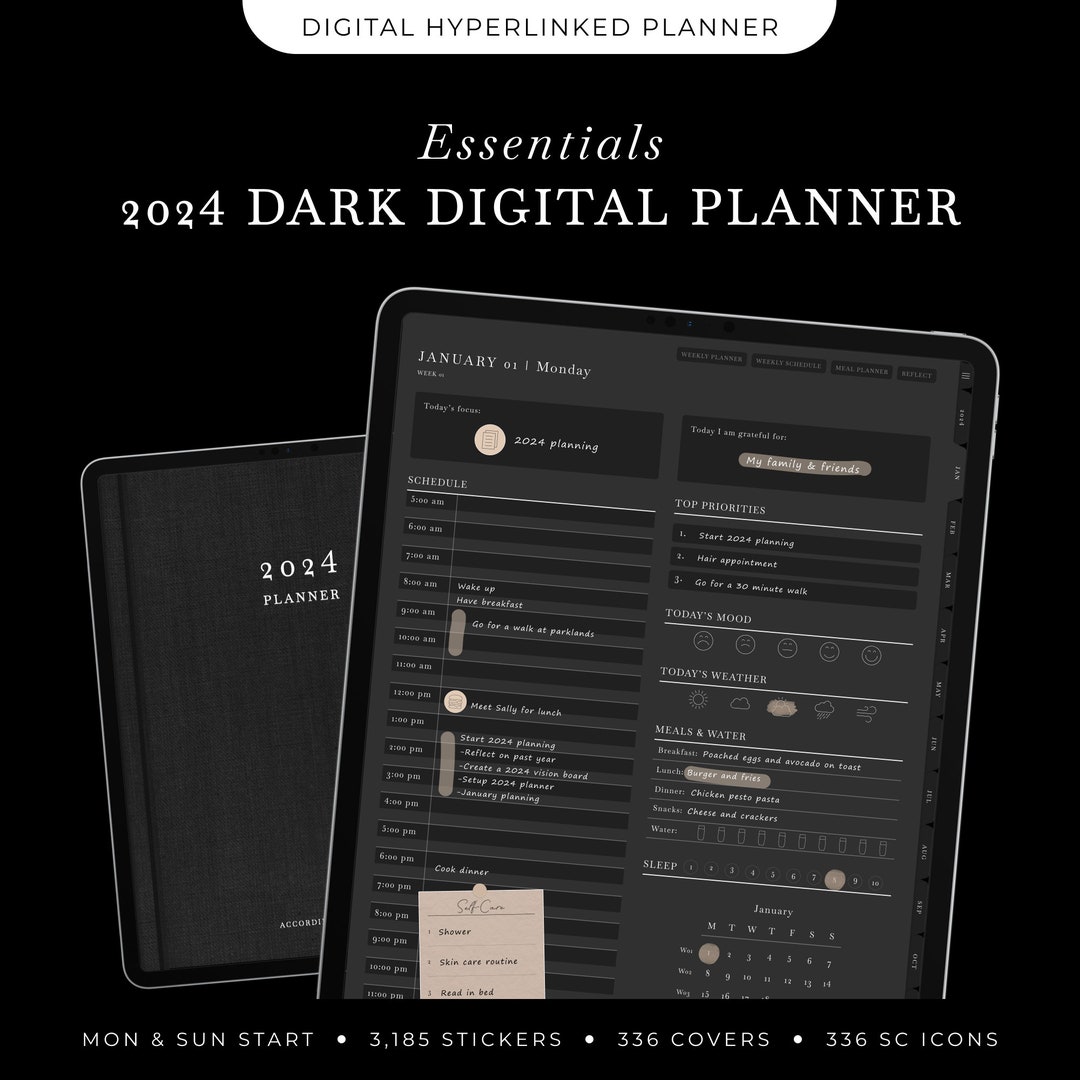 Dark Mode 2024 Digital Planner, Daily Planner, Weekly Planner, Monthly ...